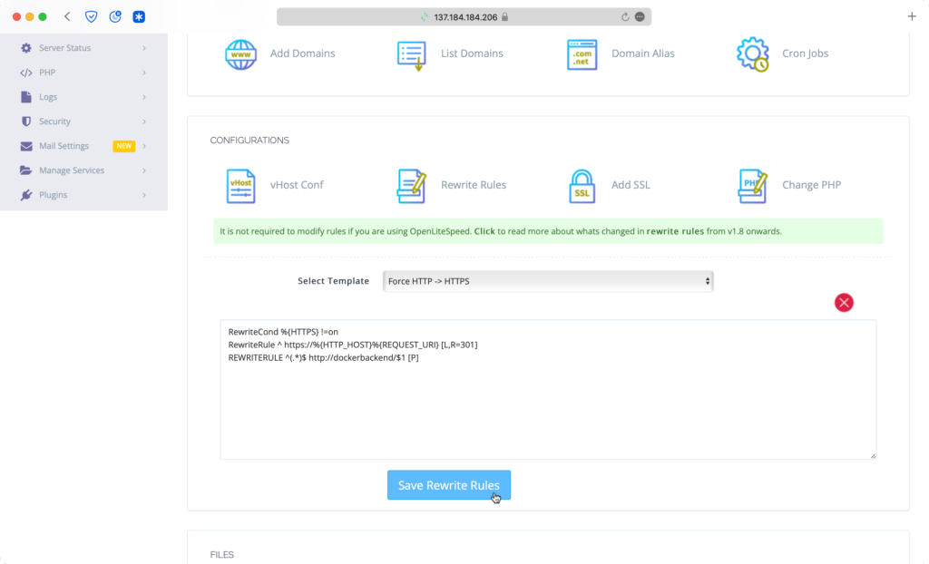 Screenshot of Cyberpanel rewrite rules.