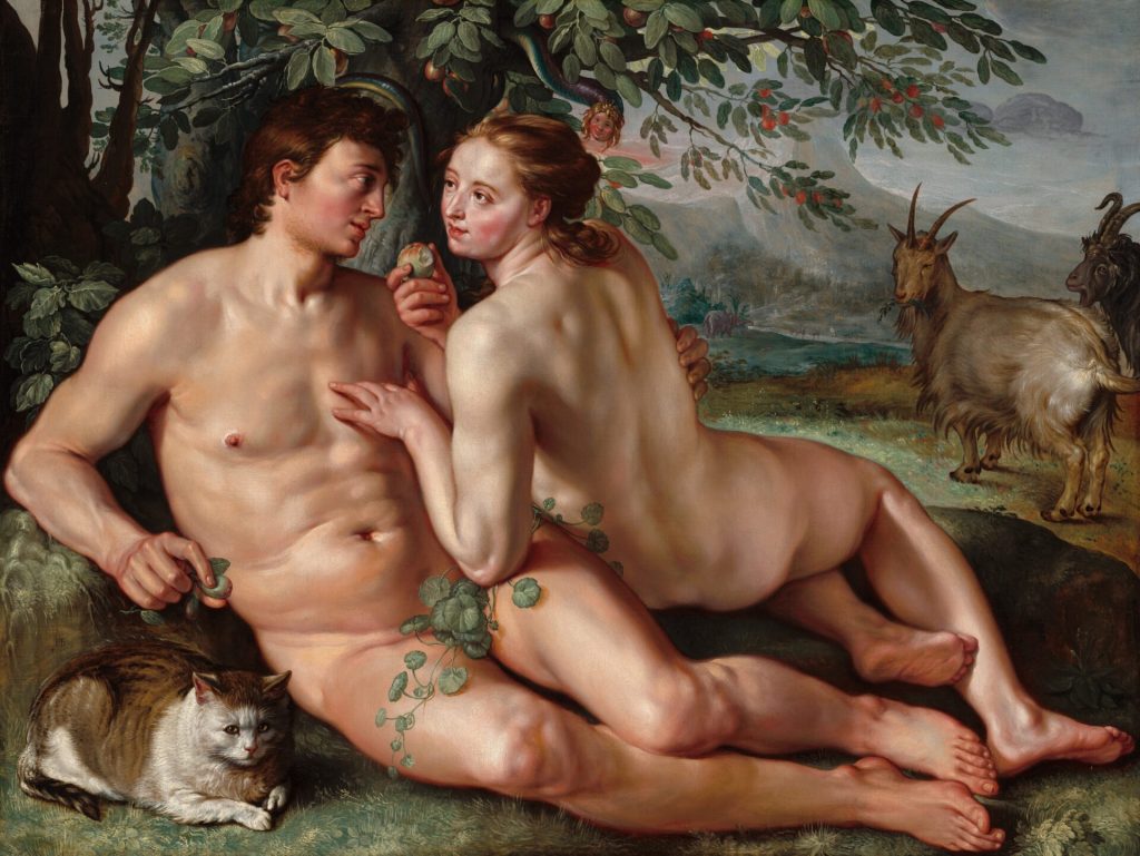 A painting of Adam and Eve in the Garden of Eden.