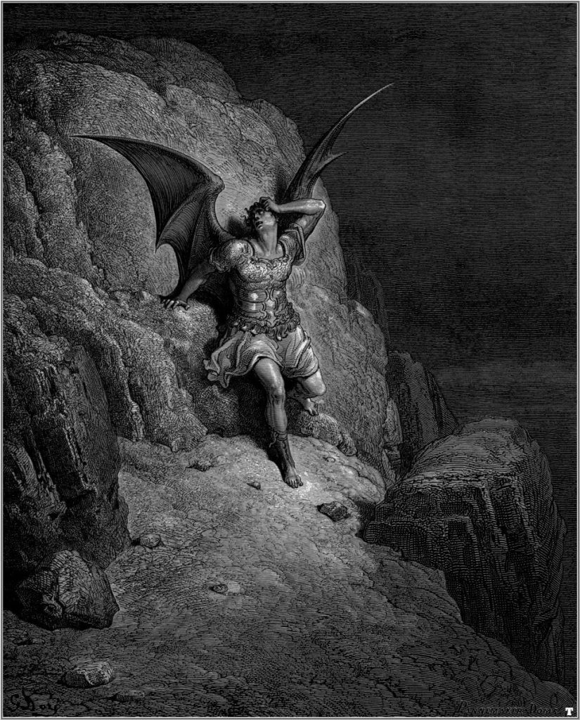 Etching of Satan distressed on a cliff side.