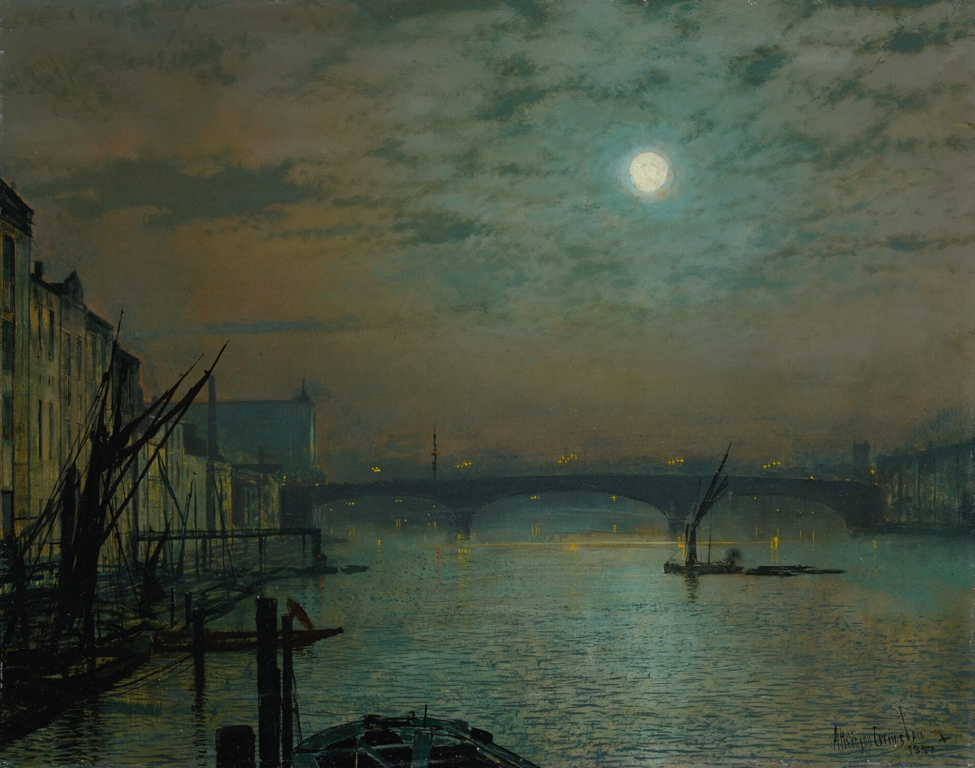 A painting of the river Thames at night.